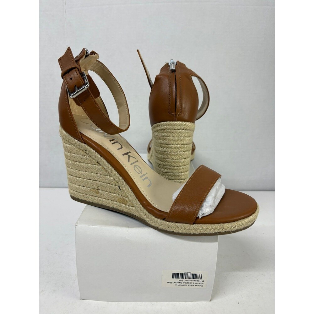Calvin Klein Women's Noshela Brown Leather Ankle Strap Espadrille Sandals Sz 9M